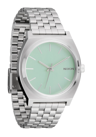 Nixon Time Teller Silver/Pistachio analog watch with stainless steel bracelet and soft pistachio green dial.
