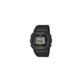 Black G-SHOCK DWN5600-1 ring watch with digital display on finger.