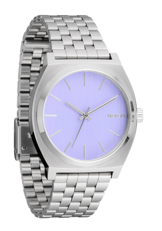 Nixon Time Teller Silver/Lavender analog watch with stainless steel bracelet and soft lavender dial.