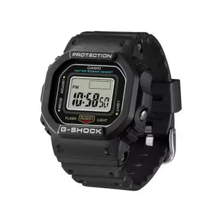 Black G-SHOCK DWN5600-1 ring watch with digital display on finger.