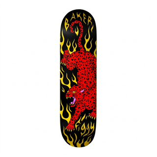 Baker Figgy Fortune’s Fool skateboard deck with a red spotted cat, yellow flames, and Baker and Figgy lettering on a black background.