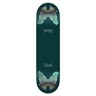 REAL Skateboards 8.5 inch Ishod Mariposa Chrome Redux Twin Tail pro model skateboard deck with fully symmetrical twin tail shape, silver foil butterfly graphic, 32.2 inch length and 14.5 inch wheelbase