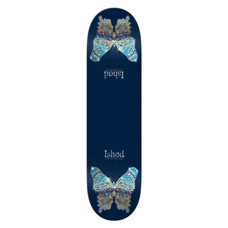 REAL Skateboards 8.25 inch Ishod Mariposa Chrome Redux Twin Tail pro model skateboard deck with fully symmetrical twin tail shape, silver foil butterfly graphic, 31.8 inch length and 14.33 inch wheelbase