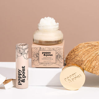 Poppy & Pout Island Coconut Lip Care Duo, tropical lip balm and scrub, natural, in green and gold gift box.