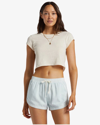 Billabong Womens "Road Trippin" shorts with scalloped hem and drawcord waist.