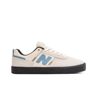 New Balance Numeric Jamie Foy 306 skate shoes in White and Blue with durable suede and mesh upper, rubber underlays, vulcanized outsole, elastic gusseted tongue, and hidden toe protection