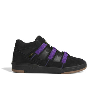 Side view of the adidas Skateboarding Kader shoe in Core Black with Collegiate Purple stripes and Gold Metallic Kader lettering