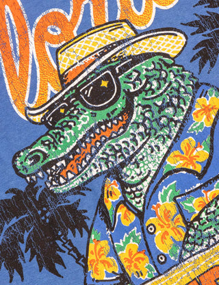 Duvin x Florida Gators Leisure Club Tee with orange Florida lettering and Albert wearing sunglasses and a Hawaiian shirt behind a Leisure Club sign.