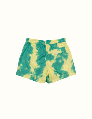 Duvin Lemon Dye Swim Short, vibrant lemon dye design, 100% polyester, wide-leg relaxed fit, premium soft liner.