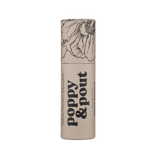 Poppy & Pout Island Coconut Lip Balm, tropical coconut scent, natural hydration, eco-friendly packaging.