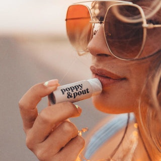 Poppy & Pout Island Coconut Lip Balm, tropical coconut scent, natural hydration, eco-friendly packaging.