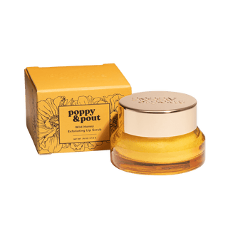 Poppy & Pout Wild Honey Lip Scrub, natural exfoliation, sugar and essential oils, smooth lips, yellow container.