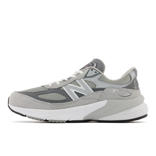 New Balance 990v6 in grey and white with pigskin suede, mesh construction, FuelCell cushioning, ENCAP midsole support.