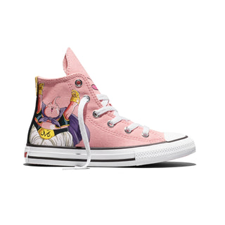 Converse Dragon Ball Z Chuck Taylor All Star Majin Buu Kids in Quartz Pink/Black/Cyber Yellow — canvas upper with Majin Buu graphics, color-popped outsole, and custom ankle patches