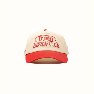Duvin Members Only Hat in red, cotton twill, unstructured, plastic "Stay Front", branded back snap.