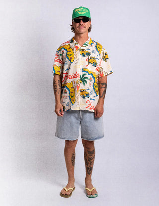Duvin Florida 2.0 Cabana Shirt with vintage Florida postcard print and camp collar.