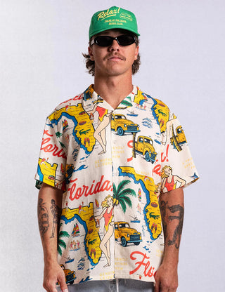 Duvin Florida 2.0 Cabana Shirt with vintage Florida postcard print and camp collar.