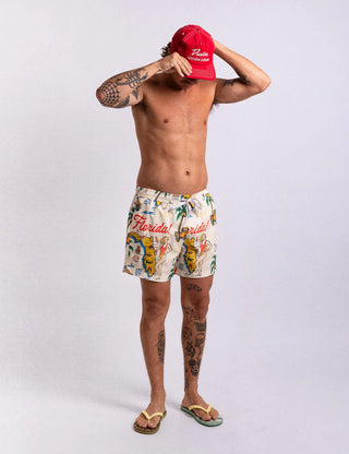 Duvin Florida 2.0 Swim Short in Antique with vintage Florida-inspired print and relaxed fit.