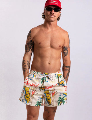 Duvin Florida 2.0 Swim Short in Antique with vintage Florida-inspired print and relaxed fit.