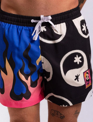 Duvin Design Co. Flame Yang Split Swim Short in Multi — wide-leg relaxed fit quick-dry swim trunk with boxer-brief liner, elastic waistband, and Velcro back pocket