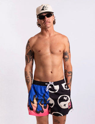 Duvin Design Co. Flame Yang Split Swim Short in Multi — wide-leg relaxed fit quick-dry swim trunk with boxer-brief liner, elastic waistband, and Velcro back pocket