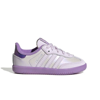 adidas Originals Pokémon Samba OG Elastic Lace "Mewtwo" Infant's Shoes in Ice Lavender/Ice Lavender/Violet Fusion — light purple leather upper, Mewtwo tongue label, Trefoil and Pokémon branding, elastic laces, rubber outsole