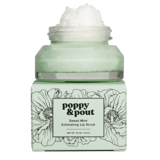 Poppy & Pout Sweet Mint Lip Scrub, refreshing mint flavor, natural sugar exfoliation, soft, smooth lips.