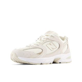 New Balance Lifestyle 530 Sea Salt/Moonbeam shoes, suede-mesh combo, ABZORB cushioning, rubber outsole.