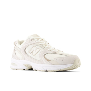 New Balance Lifestyle 530 Sea Salt/Moonbeam shoes, suede-mesh combo, ABZORB cushioning, rubber outsole.
