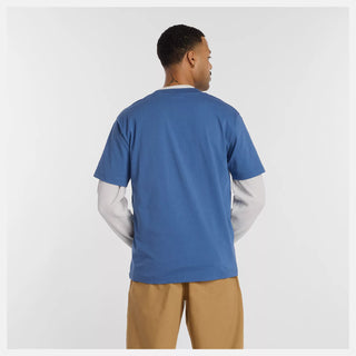 New Balance Numeric Cotton Tee in Magic Blue with 100% cotton jersey fabric, relaxed loose fit, ribbed collar, and rubberized high density branding