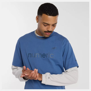New Balance Numeric Cotton Tee in Magic Blue with 100% cotton jersey fabric, relaxed loose fit, ribbed collar, and rubberized high density branding