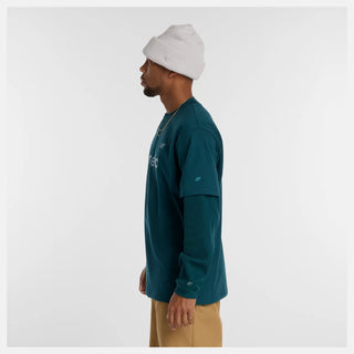 New Balance Numeric Cotton Tee in Medusa Green with 100% cotton jersey fabric, relaxed loose fit, ribbed collar, and rubberized high density branding