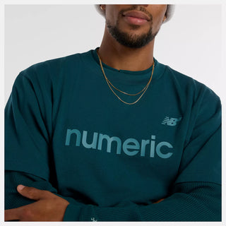 New Balance Numeric Cotton Tee in Medusa Green with 100% cotton jersey fabric, relaxed loose fit, ribbed collar, and rubberized high density branding