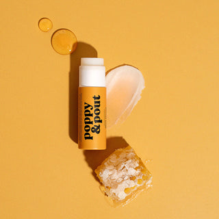 Poppy & Pout Wild Honey Lip Balm, natural, eco-friendly, honey and orange essence, yellow tube.