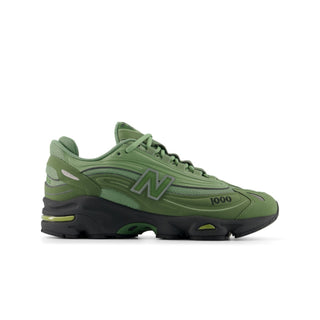 New Balance 1000 sneakers in Utility Green and Oregano colorway with inverted mesh underlays and suede overlays