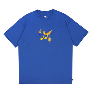 A royal blue short-sleeve t-shirt with a yellow graphic on the chest depicting a musical note shaped like a bird with yellow sparkles, shown on a plain white background.