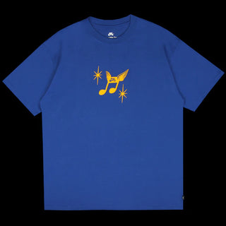 A royal blue short-sleeve t-shirt with a yellow graphic on the chest depicting a winged musical note and starbursts, set against a solid black background.