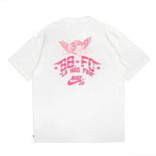 Nike SB FC Club 58 skate T-shirt in White with Hyper Pink graphics.
