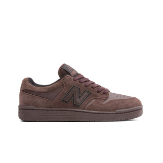 New Balance Numeric 480 skate shoes in Chocolate/Chocolate colorway with heritage hoops styling and FuelCell cushioning