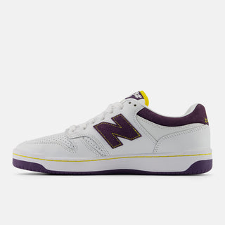 New Balance Numeric 480 Eighties Packskate shoes with reinforced toe and FuelCell foam. White/Purple.