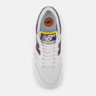 New Balance Numeric 480 Eighties Packskate shoes with reinforced toe and FuelCell foam. White/Purple.