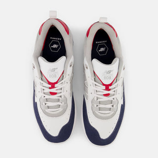 New Balance Numeric 808 in White/Navy, featuring ABZORB midsole, designed by Tiago Lemos, for skateboarding.