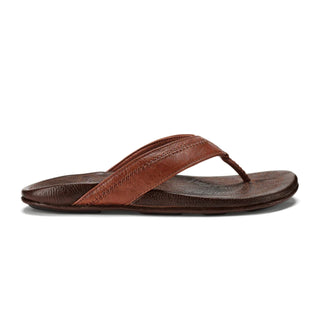 OluKai Hiapo Men's Leather Sandals in Rum/Dark Wood — naturally tumbled marbled full-grain leather with Polynesian whipstitching, moko tattoo footbed, leather-wrapped outsole, and non-marking rubber traction pods