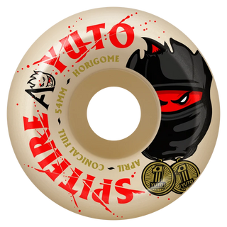 Spitfire Formula Four x April Yuto Conical Full 99a Wheels, 54mm — wider riding surface, cutaway design, 100% performance urethane with flatspot resistance and smooth anti-stick slide, set of 4