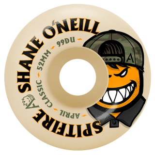 Spitfire Formula Four x April Shane O'Neill 99a Wheels, 52mm — 100% performance urethane with flatspot resistance, smooth anti-stick slide, and high rebound compound, set of 4