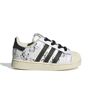 adidas Originals Pokémon Superstar II Elastic Lace "Pikachu" Kid's Shoes in Footwear White/Core Black/Gold Metallic — Pikachu visuals, classic shelltoe with serrated 3-Stripes, coated leather upper, elastic lace closure, rubber outsole