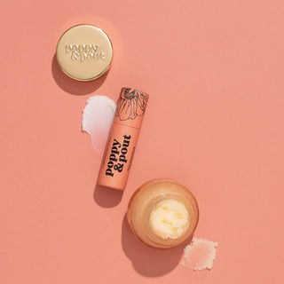 Poppy & Pout Pink Grapefruit Lip Care Duo, best-selling fruity scent, natural lip balm and scrub, in green and gold box.
