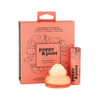 Poppy & Pout Pink Grapefruit Lip Care Duo, fruity lip balm and scrub, natural ingredients, in green and gold gift box.