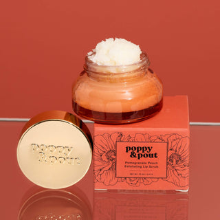 Poppy & Pout Pomegranate Peach Lip Scrub, natural, sugar and essential oils, smooth lips, eco-friendly.