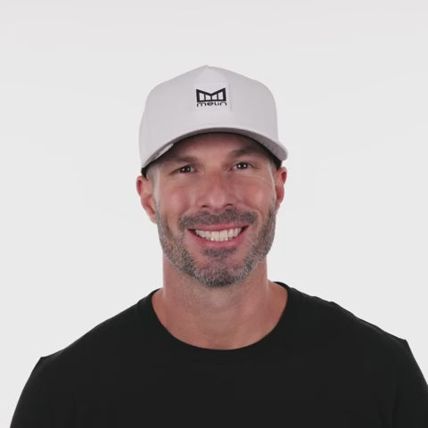 melin Odysea Stacked HYDRO Snapback Hat in White — hydrophobic crown panels, water repellant, floatable, antimicrobial, moisture-wicking lining, hidden besom pocket